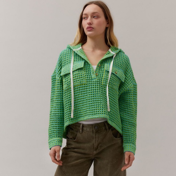 NWT UO Waffle Neon Baja Beach Stanley Pullover Button Pocket Hoodie - Picture 2 of 5